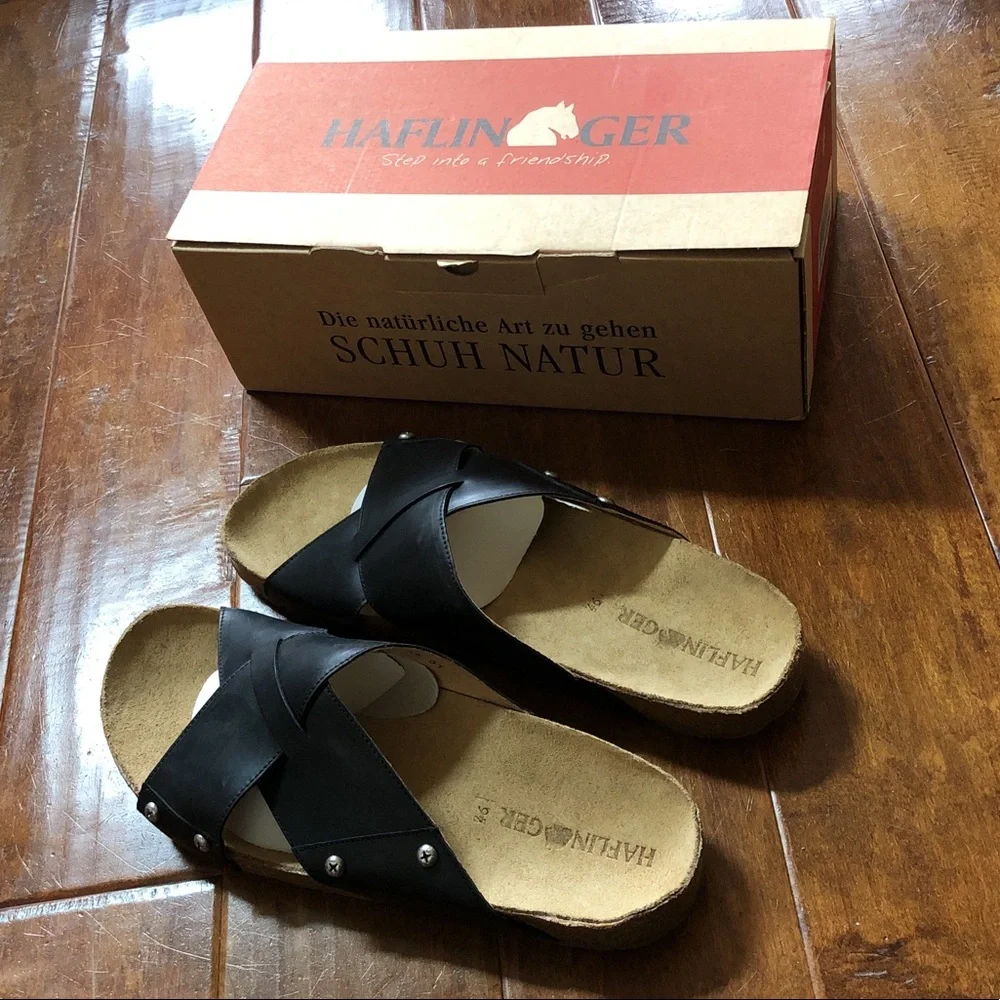 BRAND NEW IN BOX Mens HAFLINGER Rick 46 12 Black Leather Sandals Slides Shoes